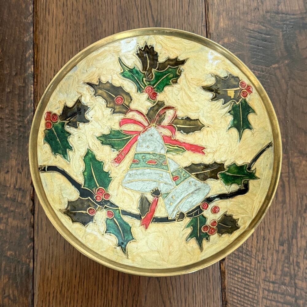 Hand Painted Cloisonné Christmas Bowl – Brass Enamel Bells & Holly Holiday Decor